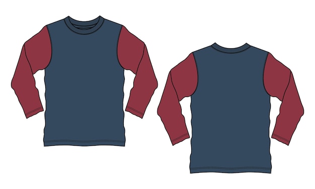 Zweifarbiges rotes und marineblaues langarm-t-shirt mit technischer mode flache skizzenvektorvorlage