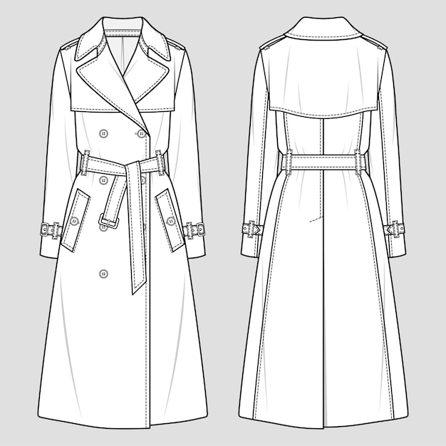 Vektor zweireihiger trenchcoat für damen. mode-skizze. flache technische zeichnung. vektor-illustration.