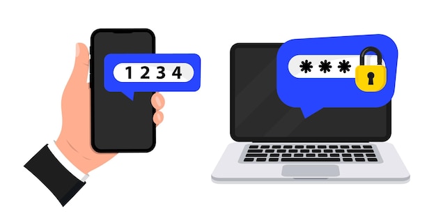 Vektor zweistufige authentifizierung 2fa authentifikation passwort zwei-faktor-verifizierung mit mobiltelefon und laptop benachrichtigung mit code für sichere anmeldung oder anmeldung authentization überprüfen der berechtigungsanforderung