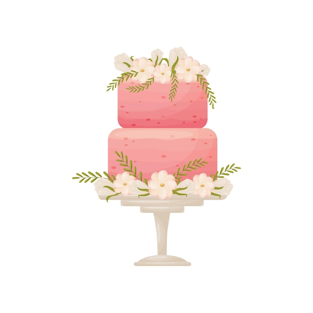 Vektor zweistufiger rosafarbener kuchen auf einem weißen ständer mit einem bein, dekoriert mit weißen knospen und rosa blüten. vektorillustration auf weißem hintergrund