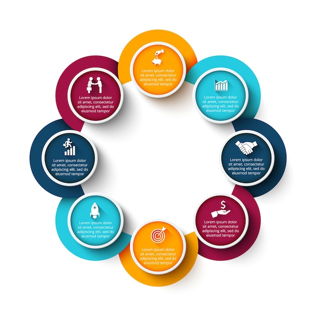 Zyklus-Infografik-Diagramm mit 8 Optionen oder Schritten. Folie für Geschäftspräsentation.