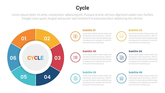 Zyklus- oder zyklen-stufen-infografik-vorlagendiagramm mit kreisdiagramm auf der linken seite. kreatives 6-punkte-schritt-design für folienpräsentationsvektor