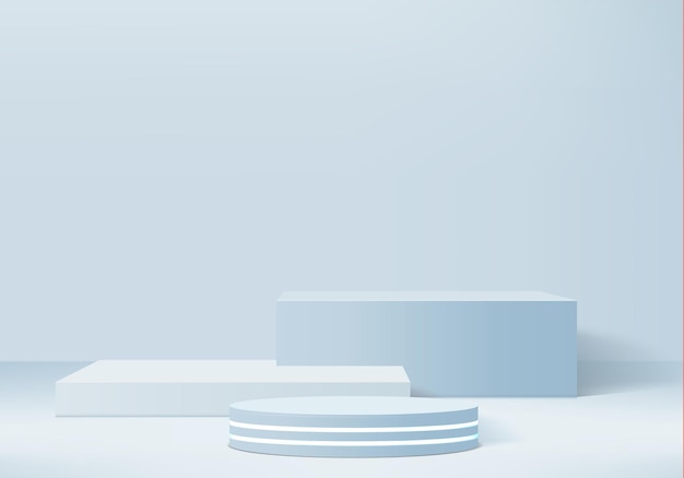 Zylinder abstrakte minimale szene mit geometrischer plattform. 3d-rendering des hintergrundes mit podium. bühnenvitrine auf sockel modernes 3d-studio blau pastell