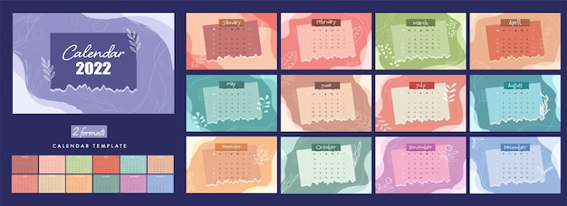 2 formats complete set of 2022 calendar template design in colorful.