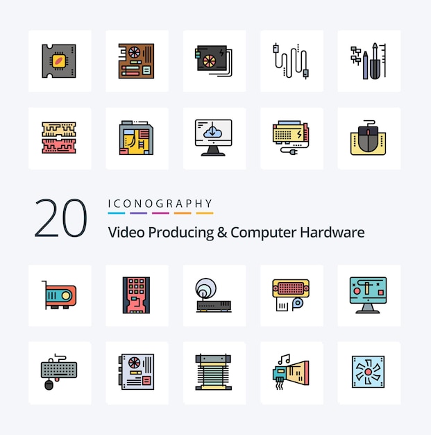 20 Video Producing And Computer Hardware Line Filled Color icon Pack like computer data ssd connection network