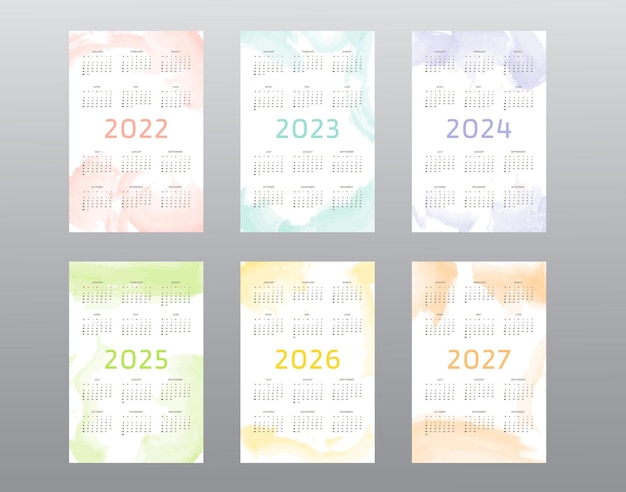 2022 2023 2024 2025 2026 2027 calendar collection with abstract watercolor blob brush strokes week starts on sunday