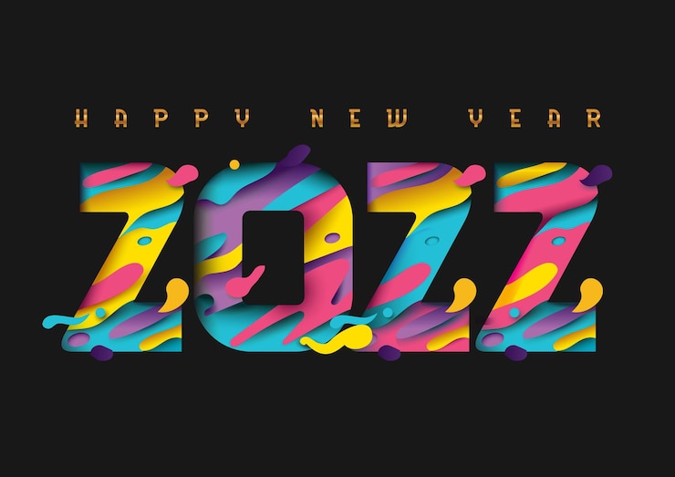 Vektor 2022 šťastný nový rok blahopřání s barevnými 3d abstraktními tvary vyřezanými z papíru na černém pozadí ve