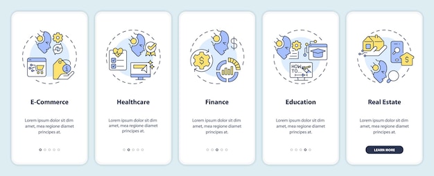 2d icons representing ai for seo mobile app screen set walkthrough 5 steps multicolor graphic instructions with linear icons concept ui ux gui template