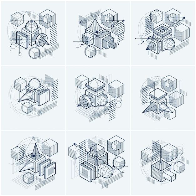 3d abstract vector isometric backgrounds. Layouts of cubes, hexagons, squares, rectangles and different abstract elements. Vector collection.