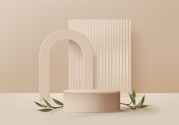3d background products display podium scene with geometric platform background vector 3d rendering with podium stand to show cosmetic products Stage showcase on pedestal display beige studio