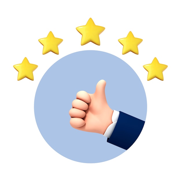 3D cartoon hand thumb up for success or good feedback Positive concept and like symbol Customer review rating and client feedback concept 3d vector illustration