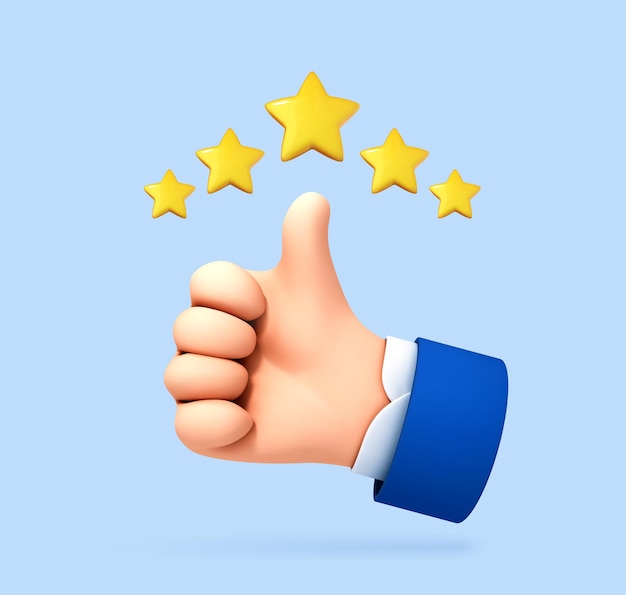 3D cartoon thumb up with a five star rating Customer evaluation Customer review rating Vector 3d illustration