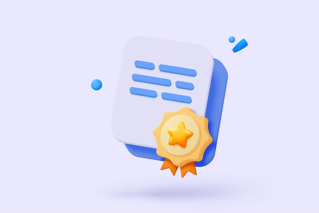 3d certificate or diploma icon with medal and ribbon bow white clipboard task management todo check list in preschool prize on project plan concept 3d graduation icon vector render illustration