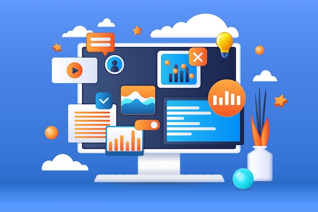3d computer web elements on pc screen website design search on site and advertising in browser internet communication digital developer internet interface vector illustration concept