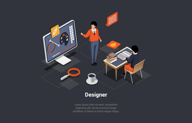 3D Design And Freelance Work Creative Team Of Graphic Designers Coach Teach Student To Create His Artwork Or Mock up Of Illustration School For Web Design Isometric 3d Cartoon Vector Illustration