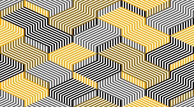 3d dimensional lined cubes seamless pattern, geometric endless texture with lines and boxes, architecture theme, black and yellow graphic design background image.