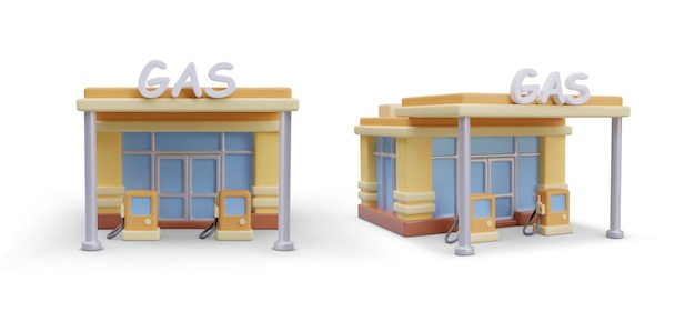 3D gas station building with text sign in English Retro design Front and side view