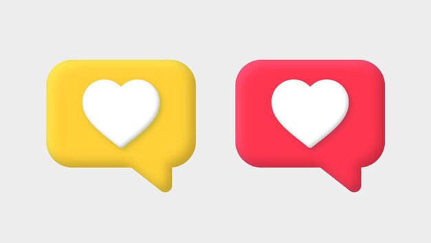 3D ikona srdce "To se mi líbí" na Instagramu, tlačítko bubliny řeči pro ikony upozornění sociálních médií 3D