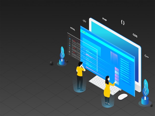 3D illustration of man and woman working on computer