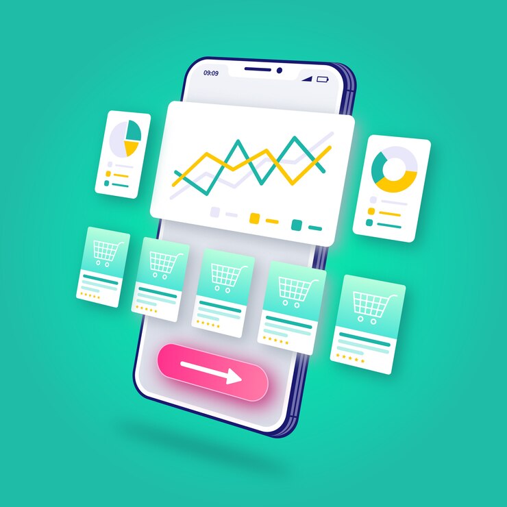 Vektor 3d ilustrace e-commerce analytics online shopping mobilní aplikace