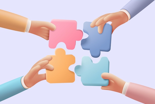 3D jigsaw puzzle pieces symbol of teamwork Problemsolving business challenge in hand of people connection jigsaw puzzle partnership concept 3d teamwork idea icon vector render illustration