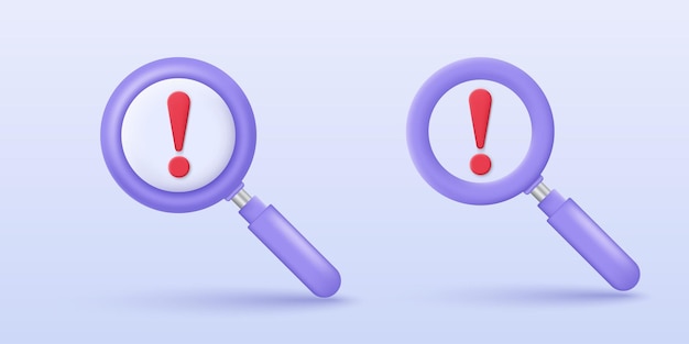 3D Magnifying glass with red exclamation mark icon Data breach Malware Cyber Attack Hacking and Security protection Concept Danger hazard notification 3D signal vector icon render illustration