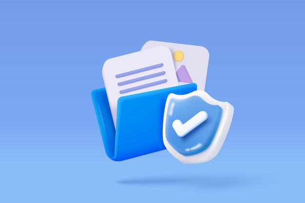 3D media data with video and photo gallery library with shield protection icon Security image and video files in database Document management form 3d file icon vector render illustration