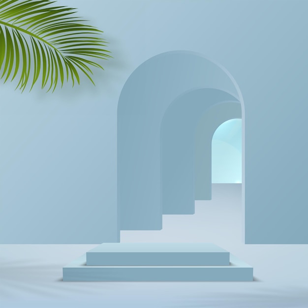 3D pozadí pro zobrazení produktů s oblačnou oblohou a modrou geometrickou platformou. Vektorová ilustrace.