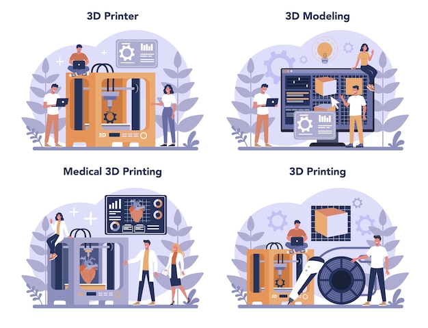 3d printing technology concept set. 3d printer equipment and engineer. modern prototyping and construction. isolated vector illustration