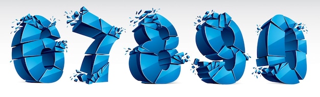 3D realistic blue numbers set 6 7 8 9 0 vector illustration, breaking to pieces digits over white symbols collection.