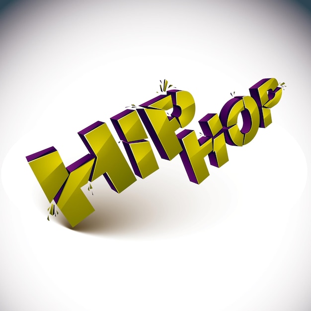 3d shattered vector green hip hop word created with refractions. dimensional inscription with specks isolated on white background.