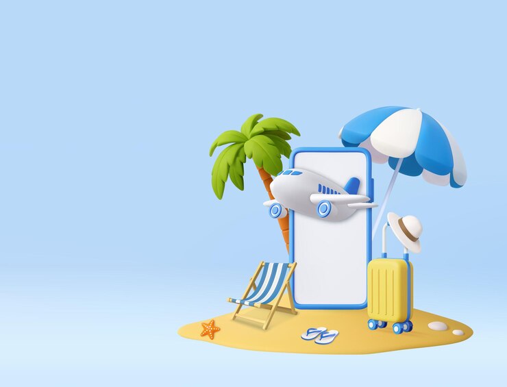Vektor 3d travel booking concept with beach elements