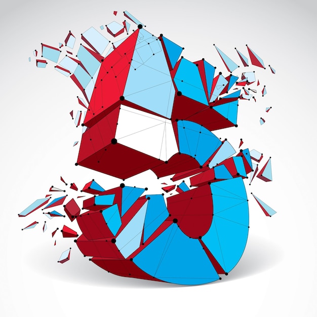 3d vector digital wireframe number 5 broken into different particles, geometric polygonal numeration with lines mesh. Low poly shattered typescript, lattice element.