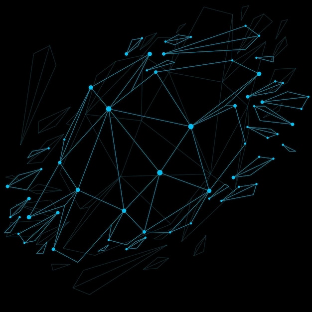 3d vector digital wireframe object broken into different particles and refractions, geometric polygonal structure with blue lines mesh. Low poly shattered shape with luminescent effect.