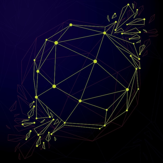 3d vector digital wireframe spherical object broken into different particles and refractions, geometric polygonal structure with lines mesh. low poly shattered shape, cyberspace lattice form.