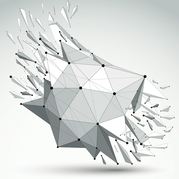 3d vector low poly object with black connected lines and dots, geometric wireframe shape with refractions. asymmetric perspective shattered grayscale form with thread.