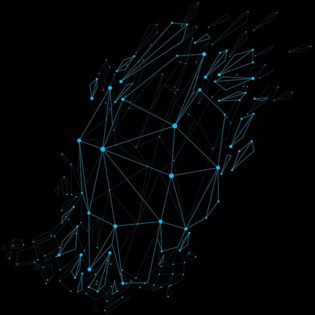 3d vector low poly object with blue connected lines and dots, geometric wireframe demolished shape. Asymmetric perspective shattered form. Luminescent effect, communication technology.