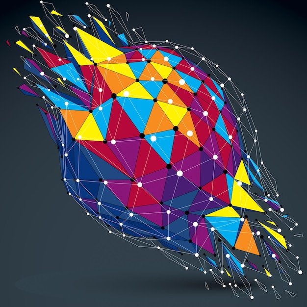 3d vector low poly object with connected lines and dots, colorful digital geometric wireframe shape with different particles. Asymmetric bright perspective shattered form.