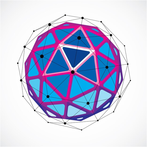 3d vector low poly spherical object with black connected lines and dots, geometric purple wireframe shape. Perspective orb created with triangular facets.