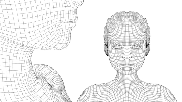 Vektor 3d vektorový portrét krásné mladé dívky s účesem, sada úhlů na bílém pozadí