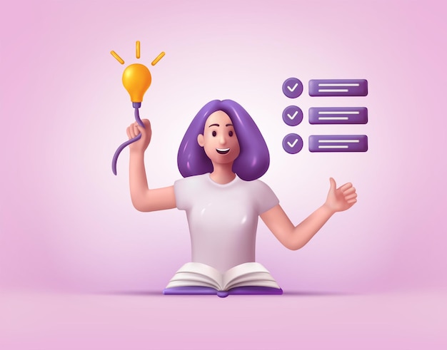 3d work character woman person with task from entrepreneurs idea light bulb project planning decision searching happy human with done goals list vector exact success illustration