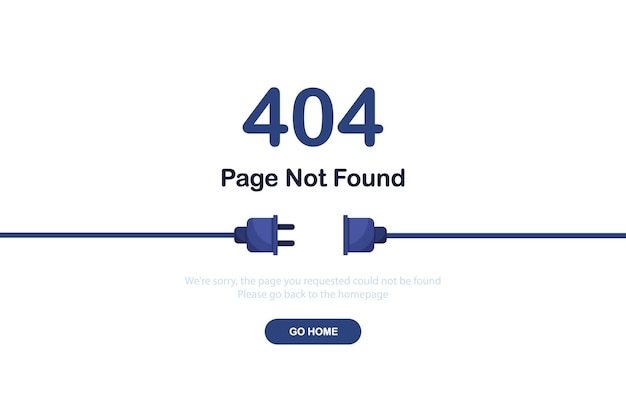 404 error page not found banner with cable and socket or cord plug for website blue