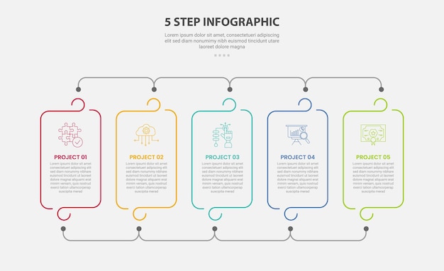 5 points template infographic outline style with 5 point step template with round container box with line connection for slide presentation