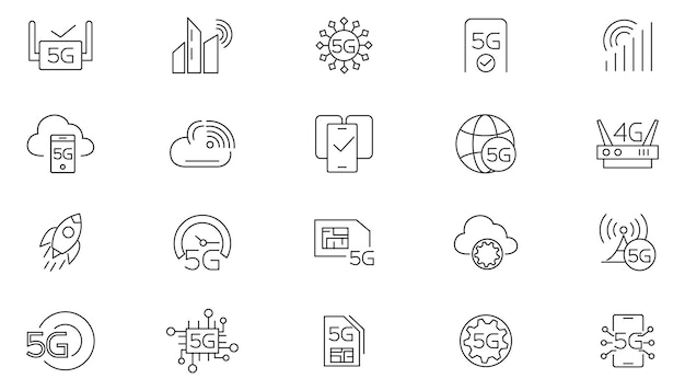 5G network line icon set Signals towers bandwidth routers icon pack