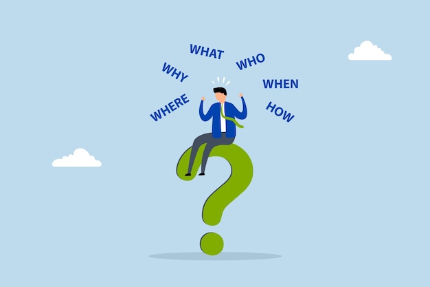 5w1h asking questions for solution to solve problem composed entrepreneur contemplating a big quest