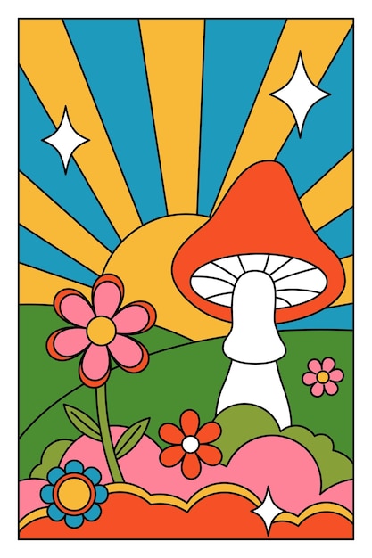 70s 90s groovy posters retro print with hippie elements Cartoon psychedelic landscape with mushrooms and flowers vintage funky print