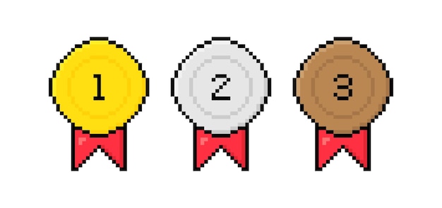 8 bit pixel art gold silver bronze medal with red ribbon 1st 2nd and 3rd places Vector illustration