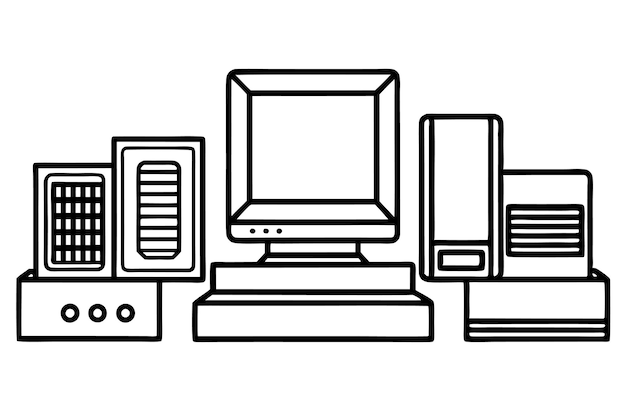 a black and white drawing of a computer monitor and a monitor with a white background
