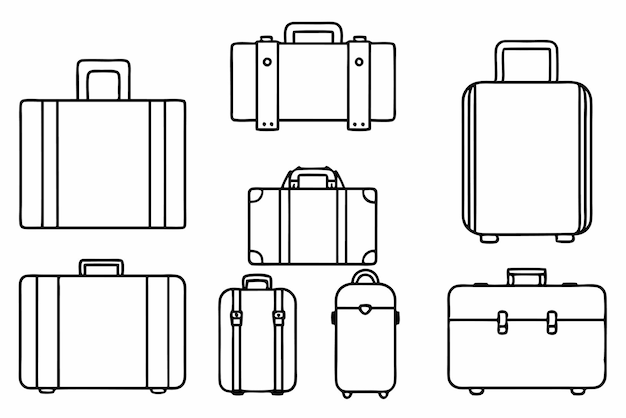 a black and white drawing of a line of suitcases