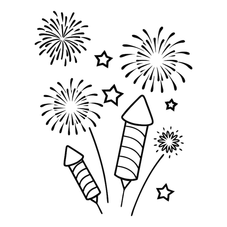 Vektor a black and white drawing vector illustration of fireworks and a rocket with the words fireworks